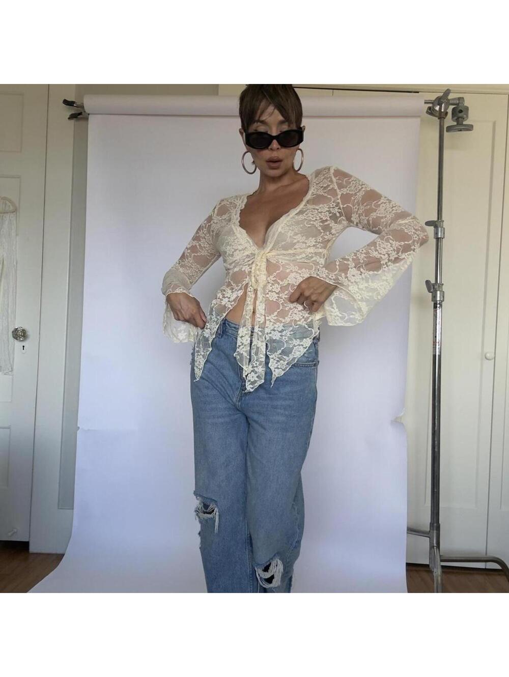 Y2K Cream lace long sleeve top